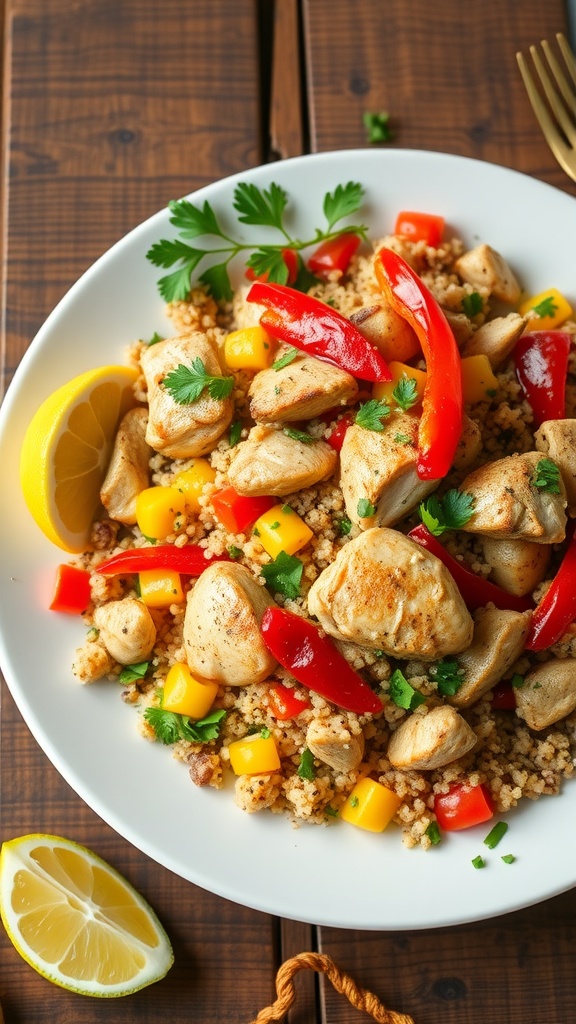 A delicious plate of quinoa and chicken with bell peppers on a rustic table, garnished with parsley and lemon wedges.